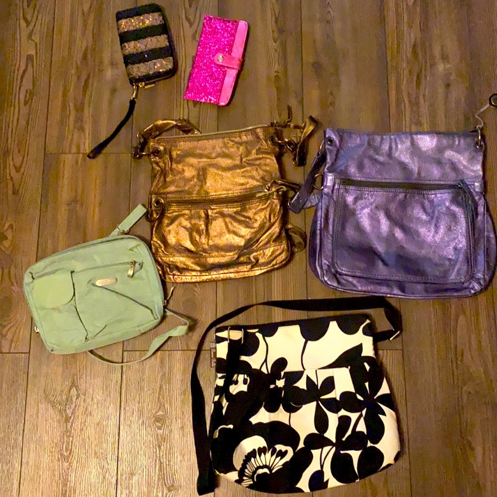The Sak, Baggalini. 4 crossbody bags; 2 wallets.